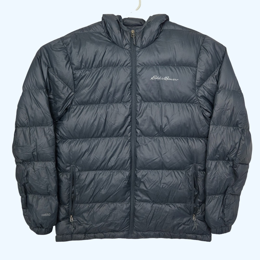Eddie Bauer Wide Channel Hooded Down Jacket EB650 Gray Puffer Men Medium 1526048